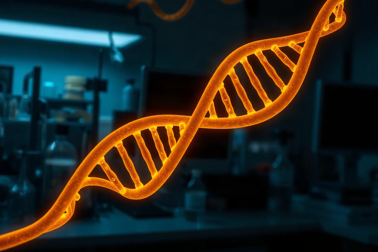 Illustration of a stylized DNA double-helix model glowing softly against a dark laboratory background