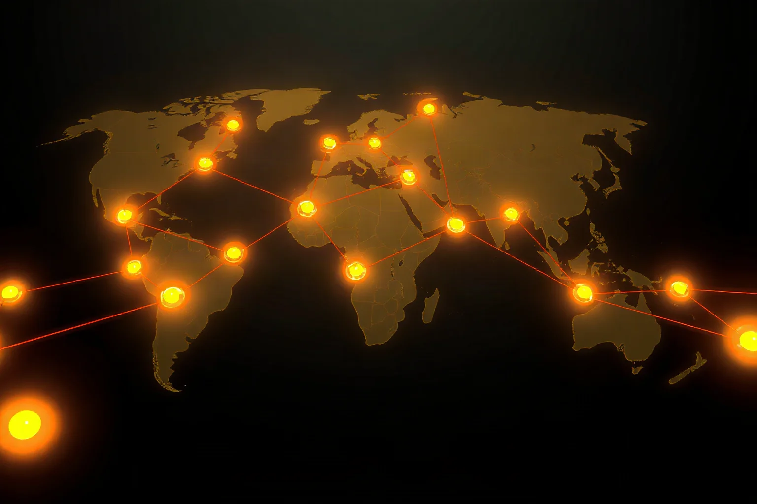 Illustration of a stylized global network of glowing connected nodes representing early internet links