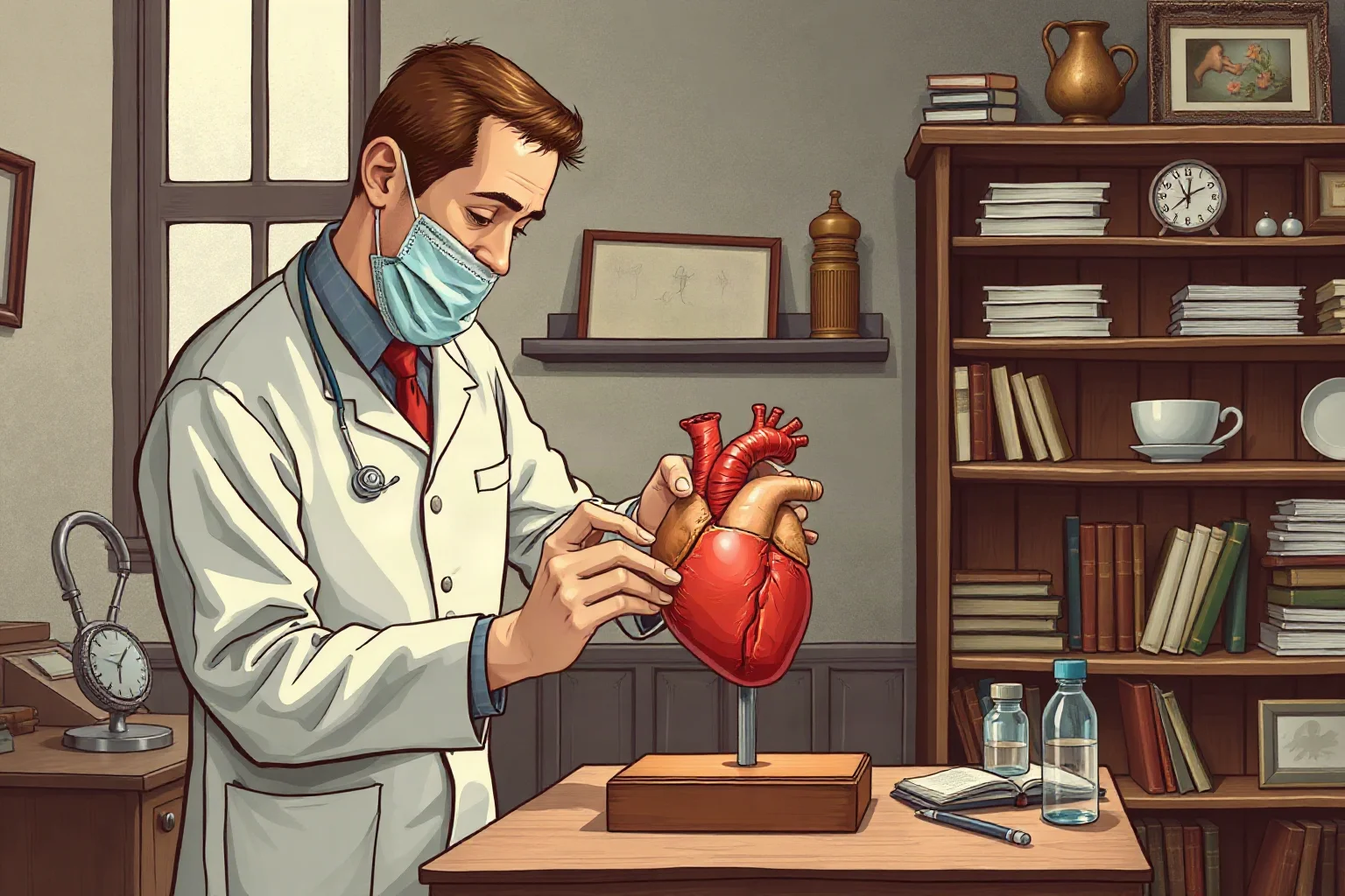 Illustration of a surgeon examining an anatomical heart model in an old-fashioned medical office