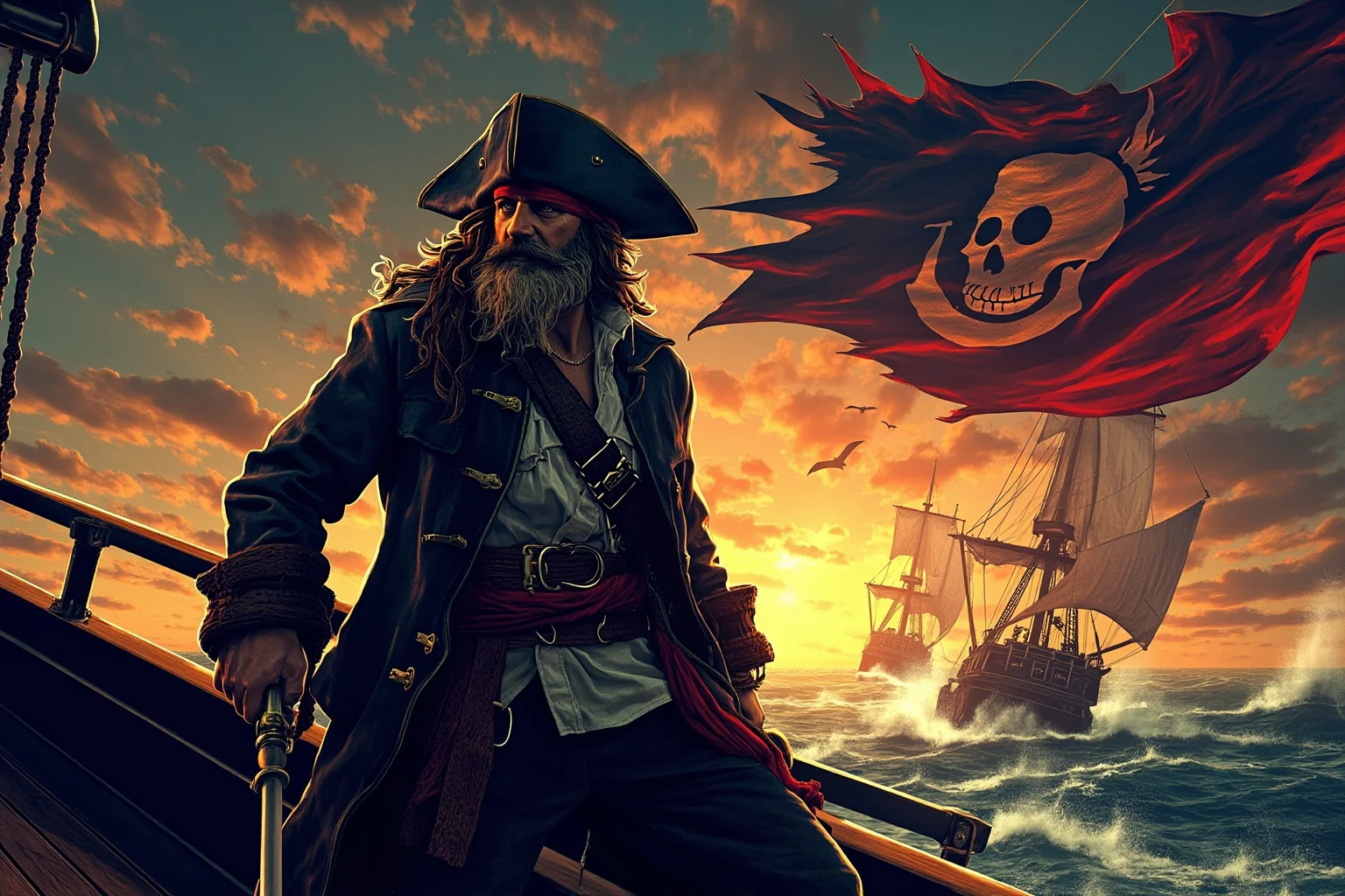 Historical Villains Who Were Actually Heroes 16 Illustration of a swashbuckling pirate captain with a wild beard standing on a ship deck under a skull flag, dramatic sea battle backdrop