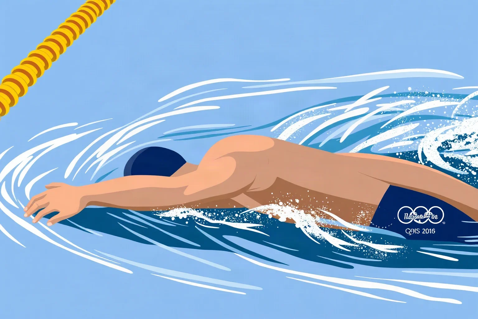 Illustration of a swimmer mid-stroke in an Olympic pool with lane lines and splashing water