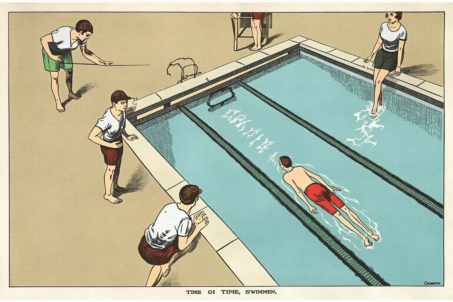 23 Olympic Sports That Don't Exist Anymore (And Why They Vanished) 10 Illustration of a swimmer submerged underwater being timed by officials at poolside, early 1900s style