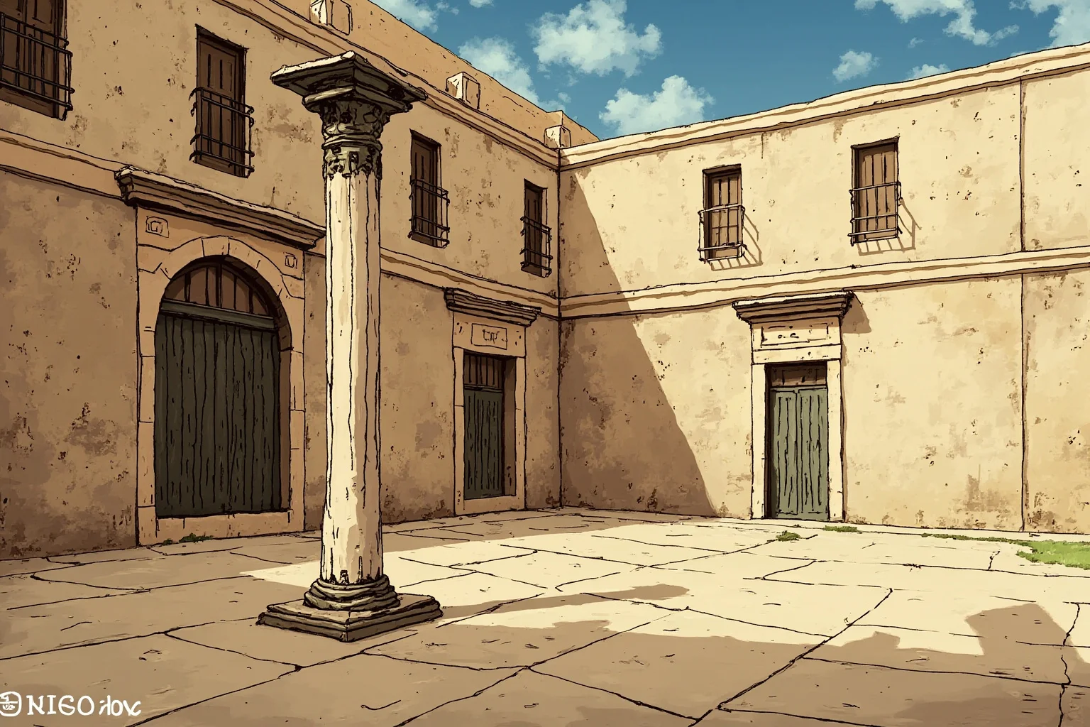 Illustration of a tall ancient iron pillar standing in a sunlit courtyard, weathered but intact