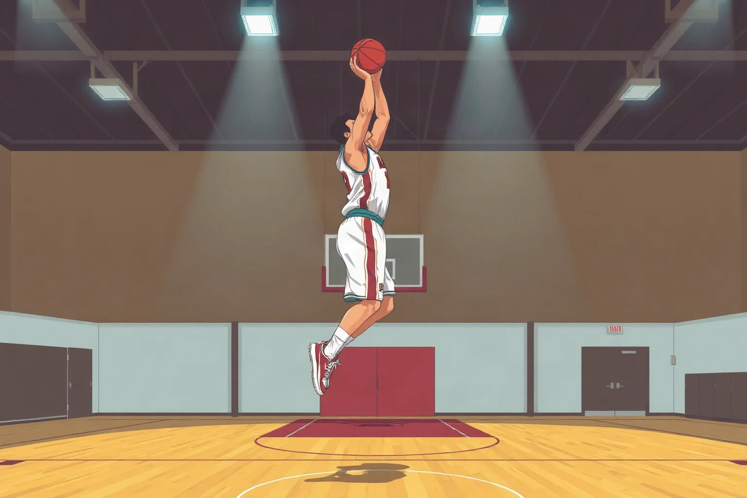 Illustration of a tall basketball player mid-jump-shot on an indoor court, retro collegiate sports poster style