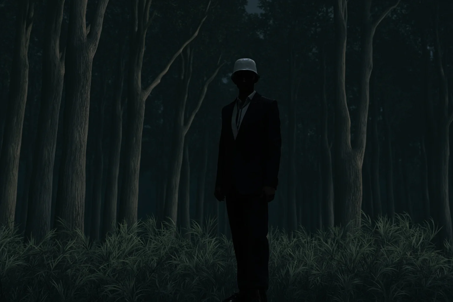 Illustration of a tall, faceless figure in a black suit standing at the edge of a dense forest
