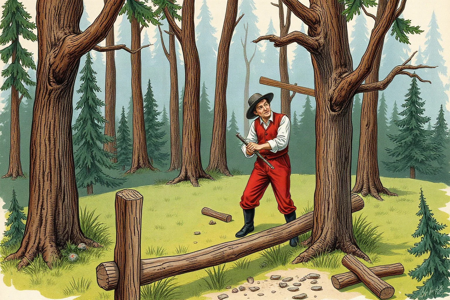 Illustration of a tall lean 19th-century man splitting wooden fence rails in a forest clearing