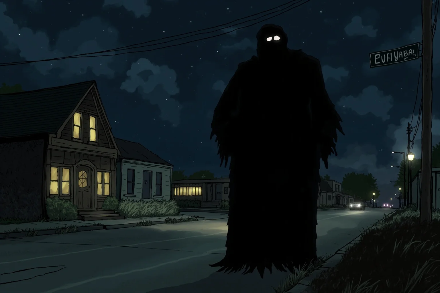 Illustration of a tall shadowy figure in black standing near a small-town street sign at night, evoking Huggin' Molly