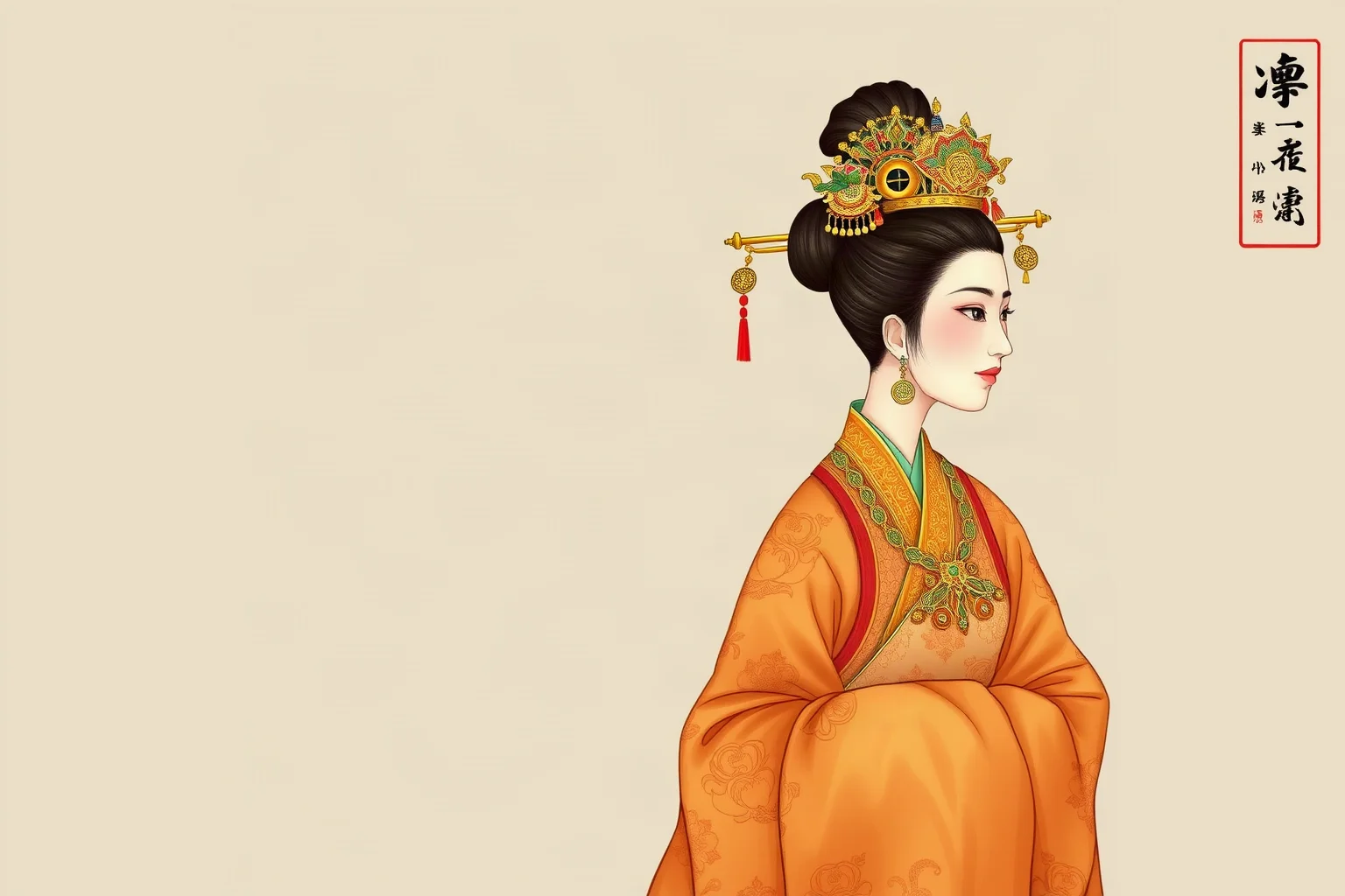 Illustration of a Tang dynasty Chinese empress in elaborate silk robes and an ornate hair headdress
