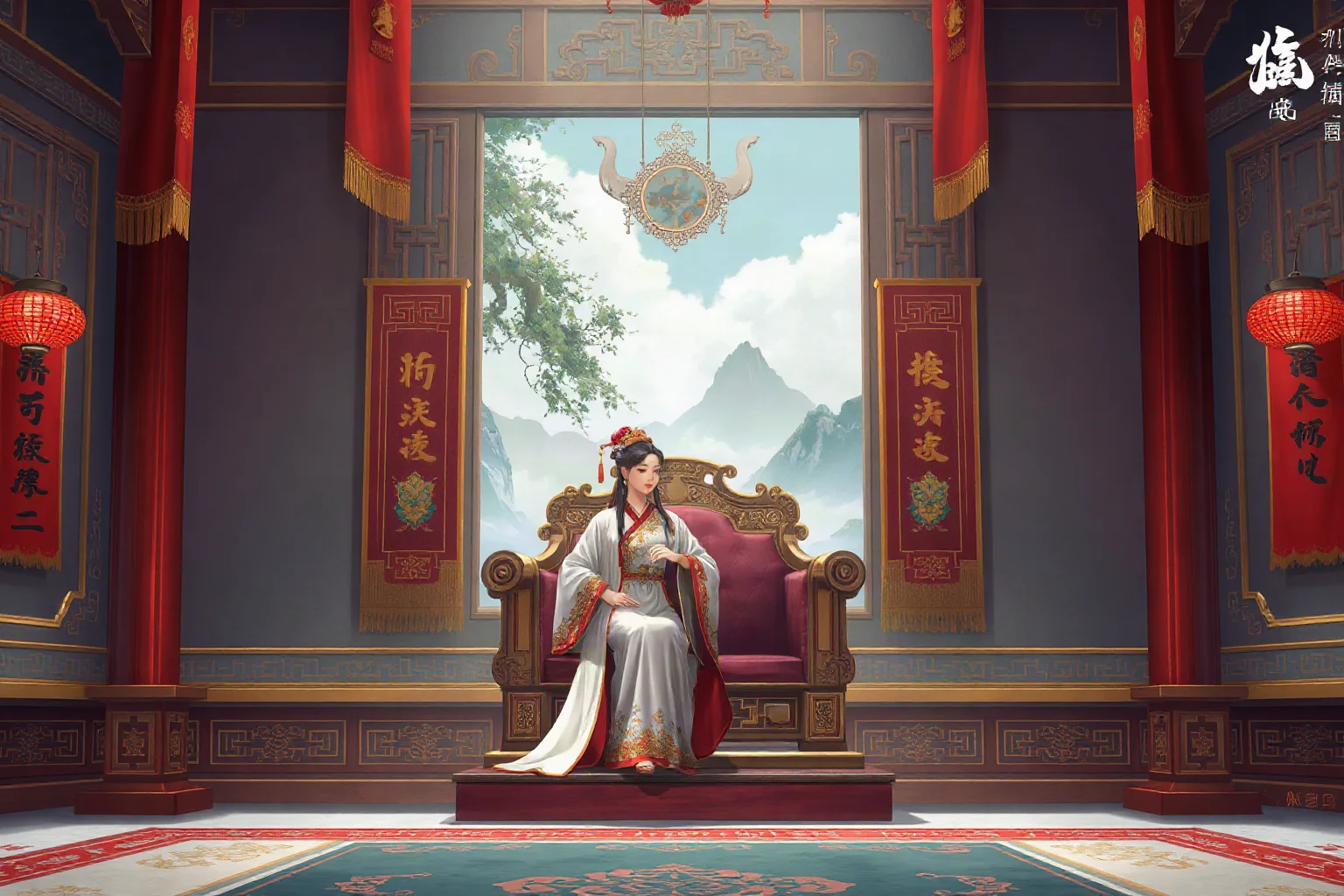Illustration of a Tang dynasty Chinese empress on an ornate throne in a grand palace hall