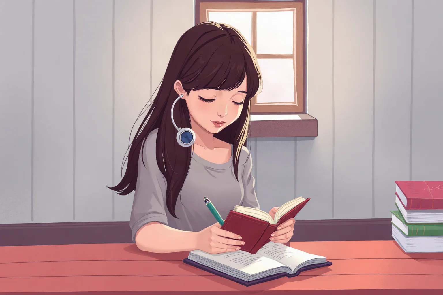 Illustration of a teenage girl writing in a diary by a small attic window with soft light streaming in