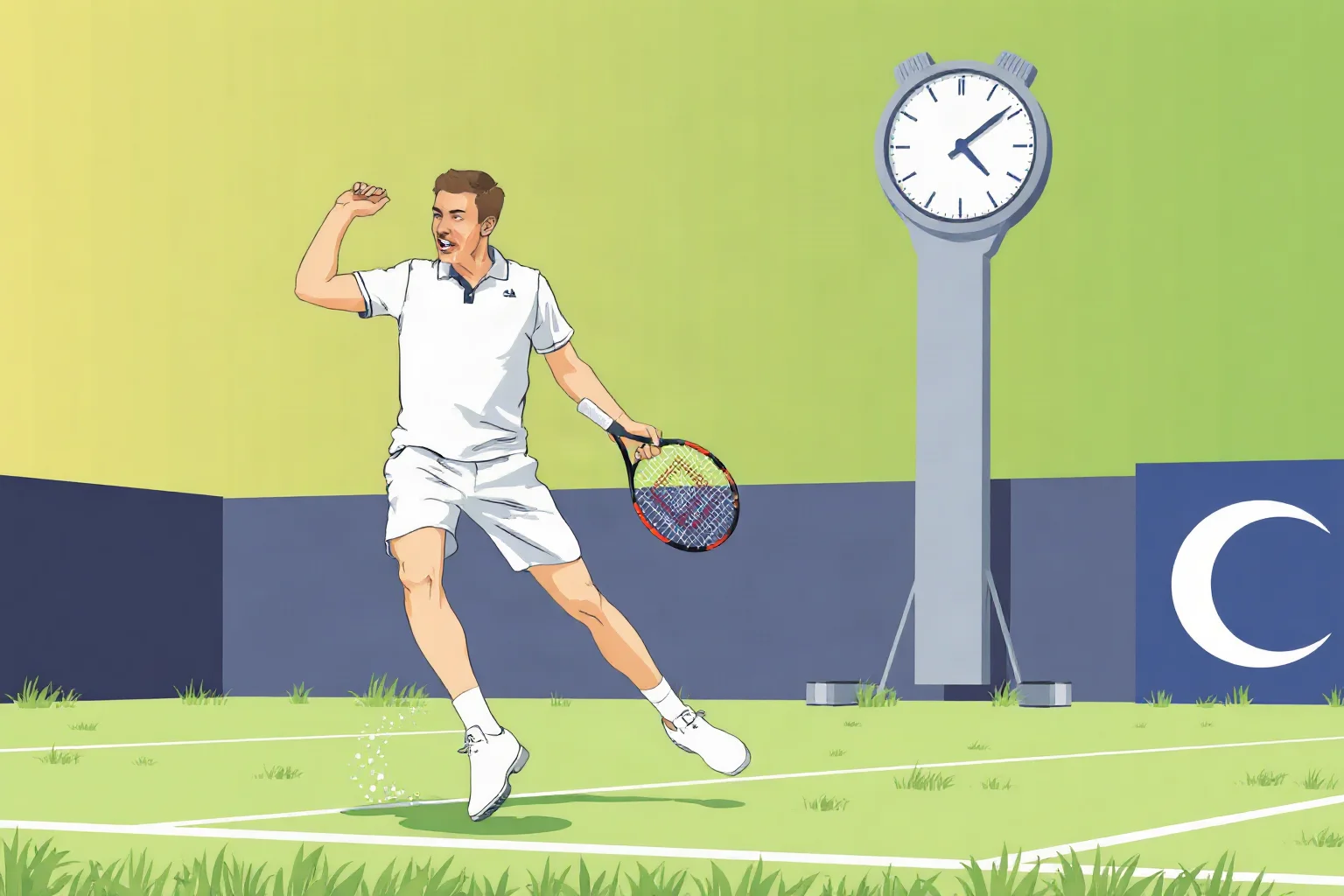 Illustration of a tennis player mid-serve on a grass court, dynamic action pose