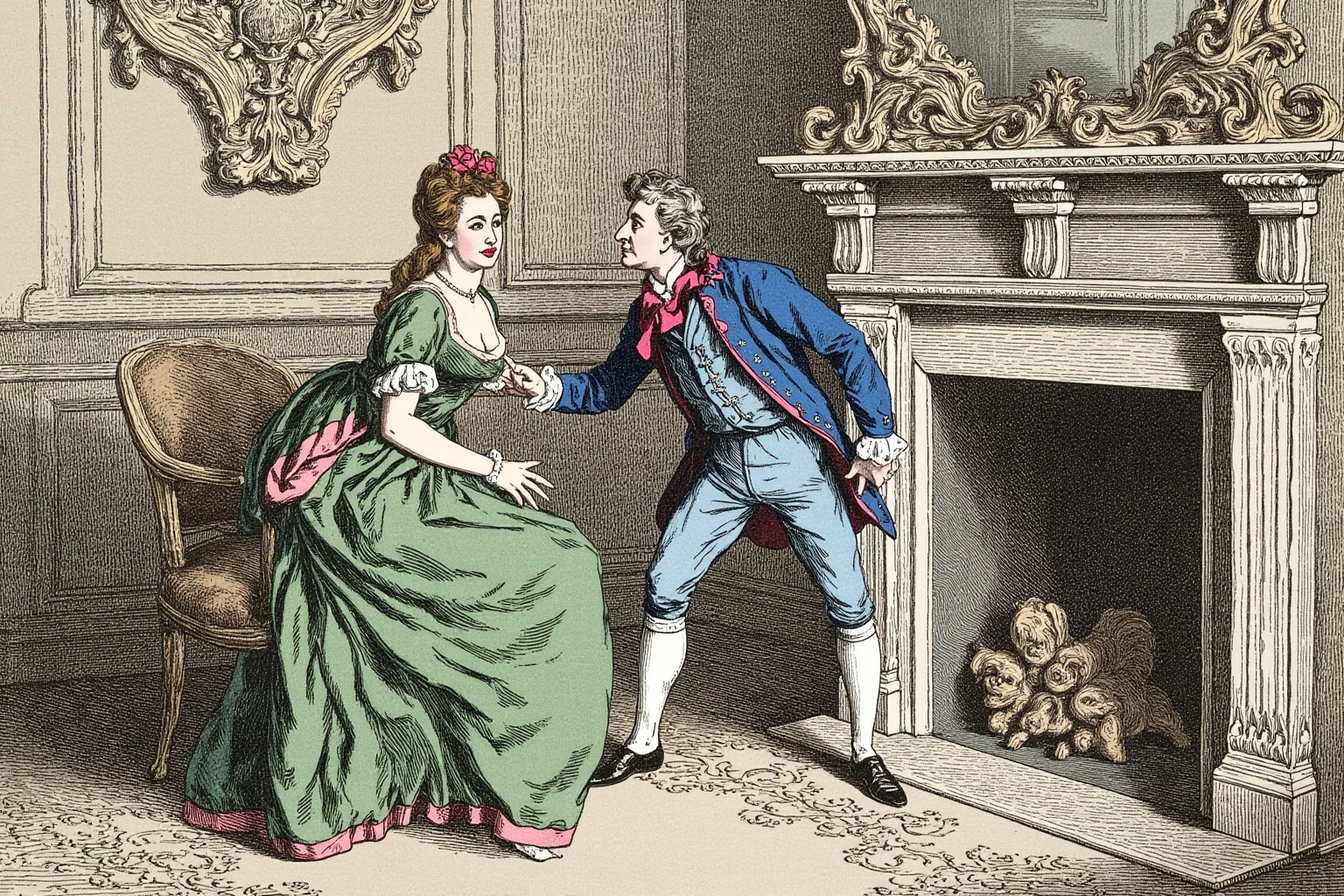 Lord Byron and Lady Caroline Lamb: History's Messiest Love Story 11 Illustration of a tense Regency-era confrontation between a man and woman in an ornate drawing room
