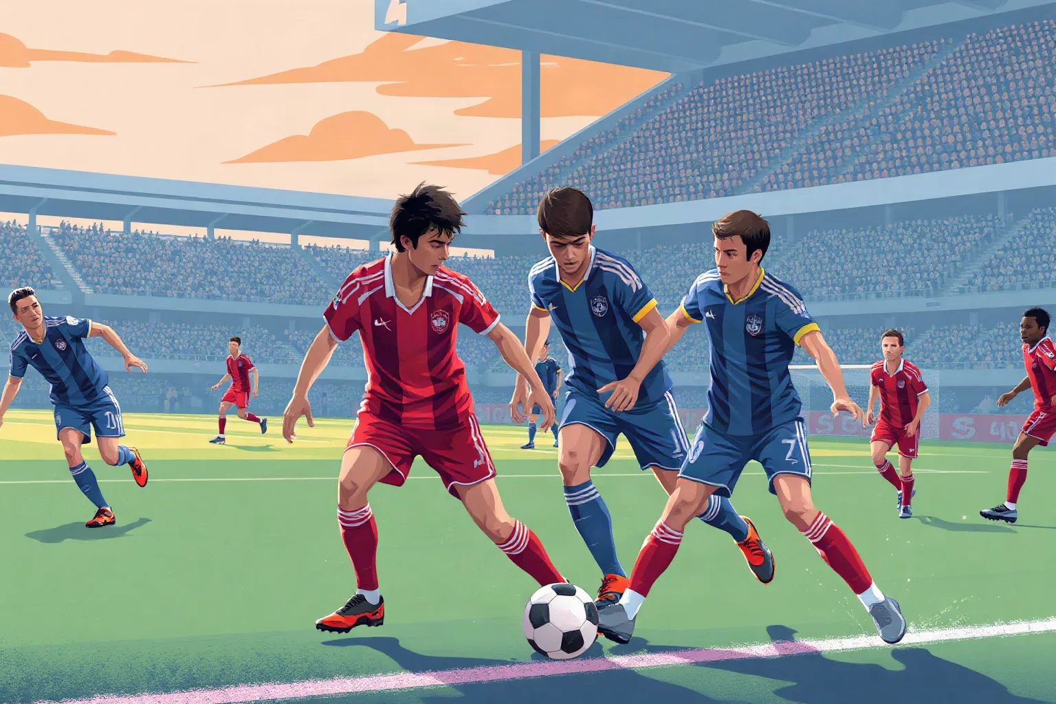 Illustration of a tense soccer match scene with generic red and blue team kits