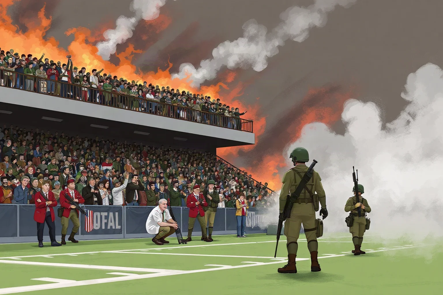 Illustration of a tense stadium crowd and soldiers nearby symbolizing the Football War