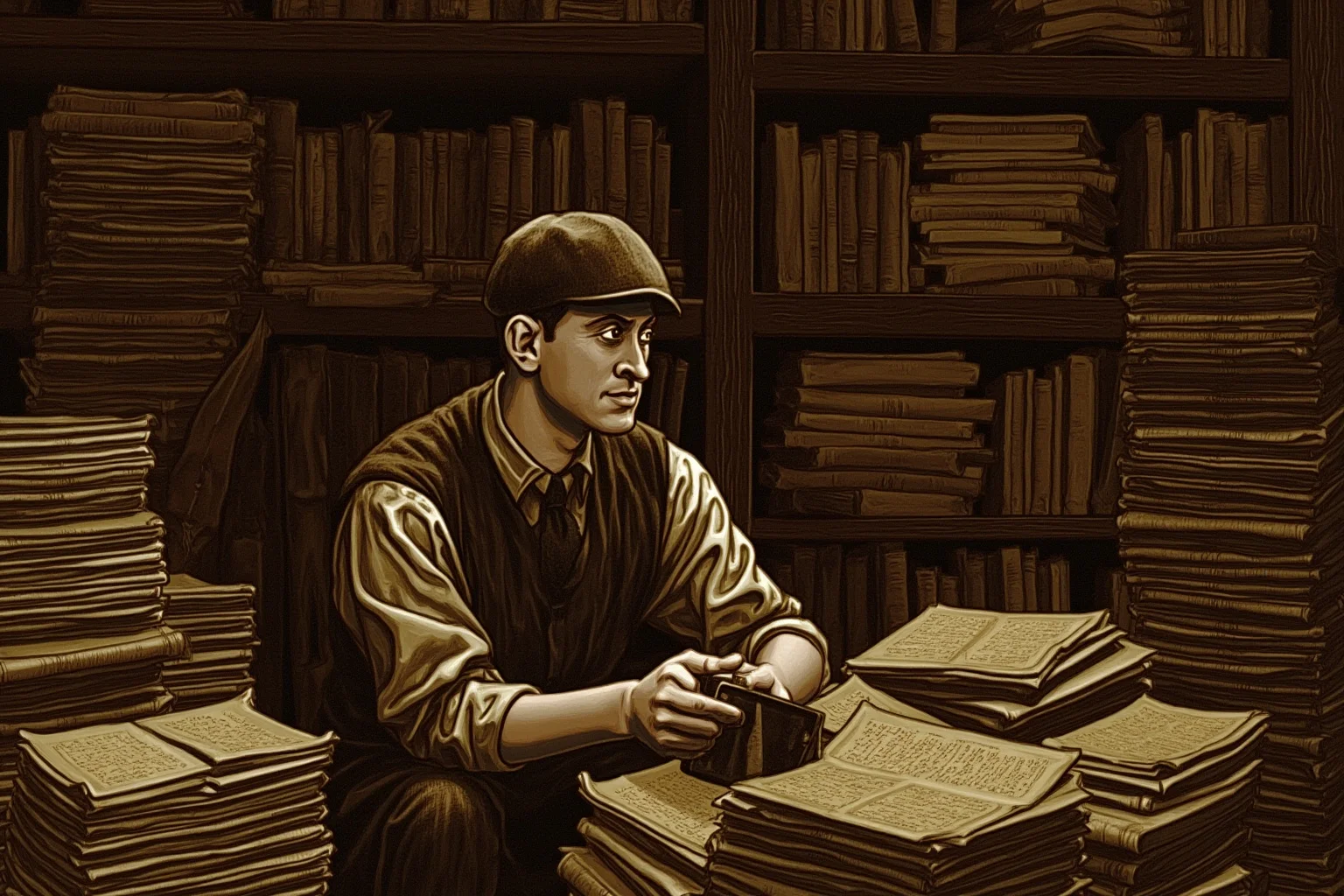 Illustration of a thoughtful 1920s archivist surrounded by stacks of old books and manuscripts in a dim library room, warm sepia tones