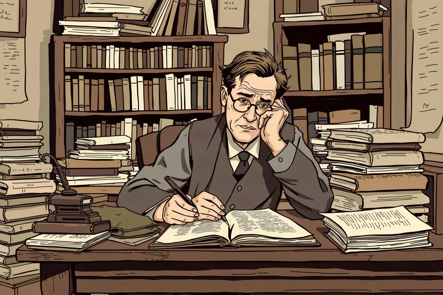 Illustration of a thoughtful 1920s literary critic writing at a cluttered wooden desk surrounded by manuscripts