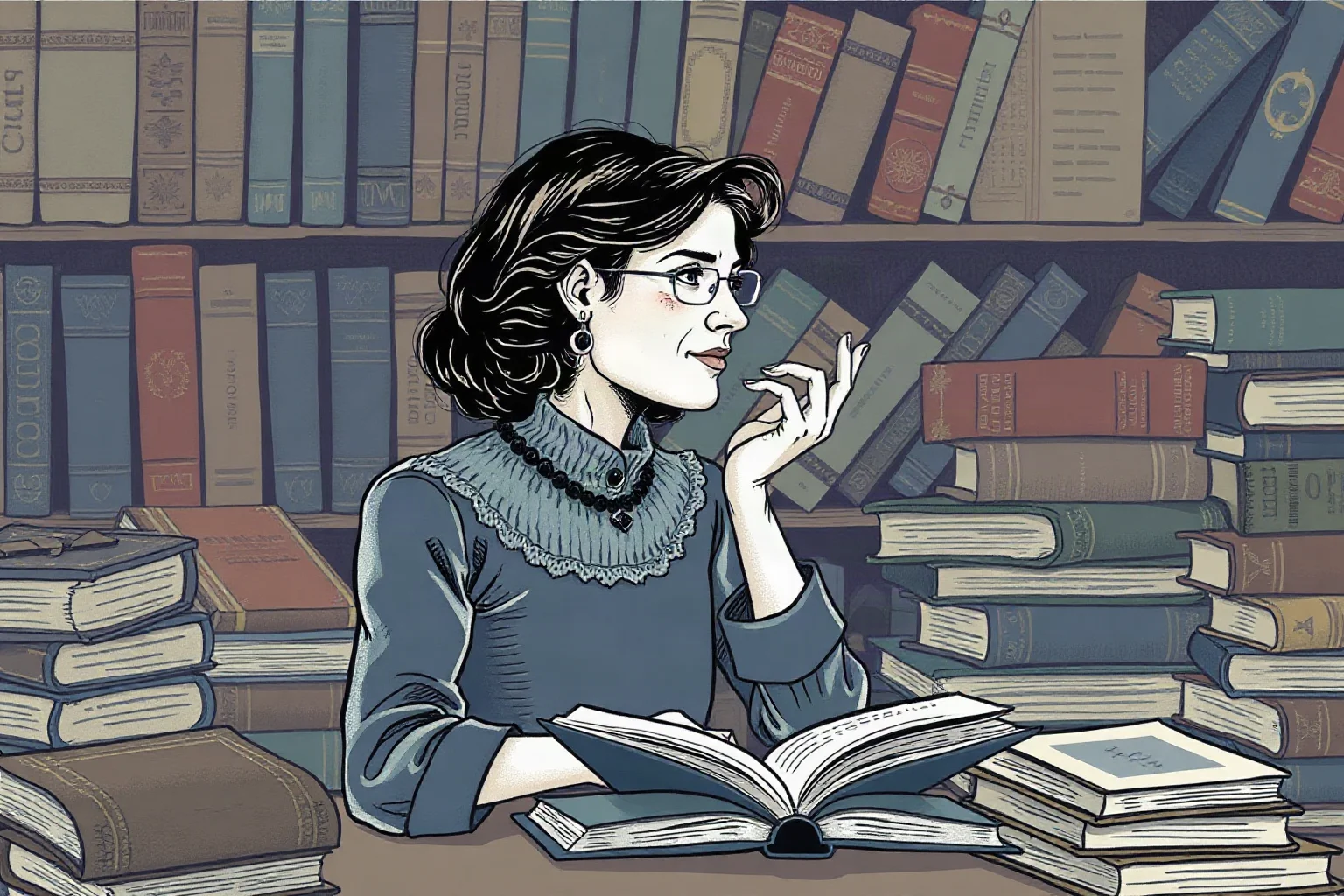 Illustration of a thoughtful woman novelist surrounded by books exploring themes of history and memory