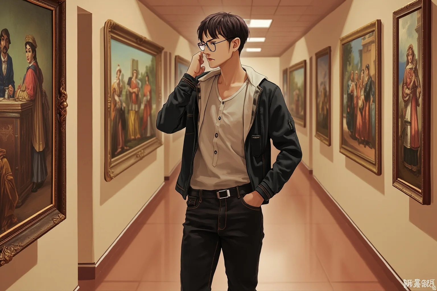 John Montagu, the Earl of Sandwich Who Popularized Our Favorite Lunch Food 21 Illustration of a thoughtful young man in modern casual attire standing in an ancestral portrait gallery hallway