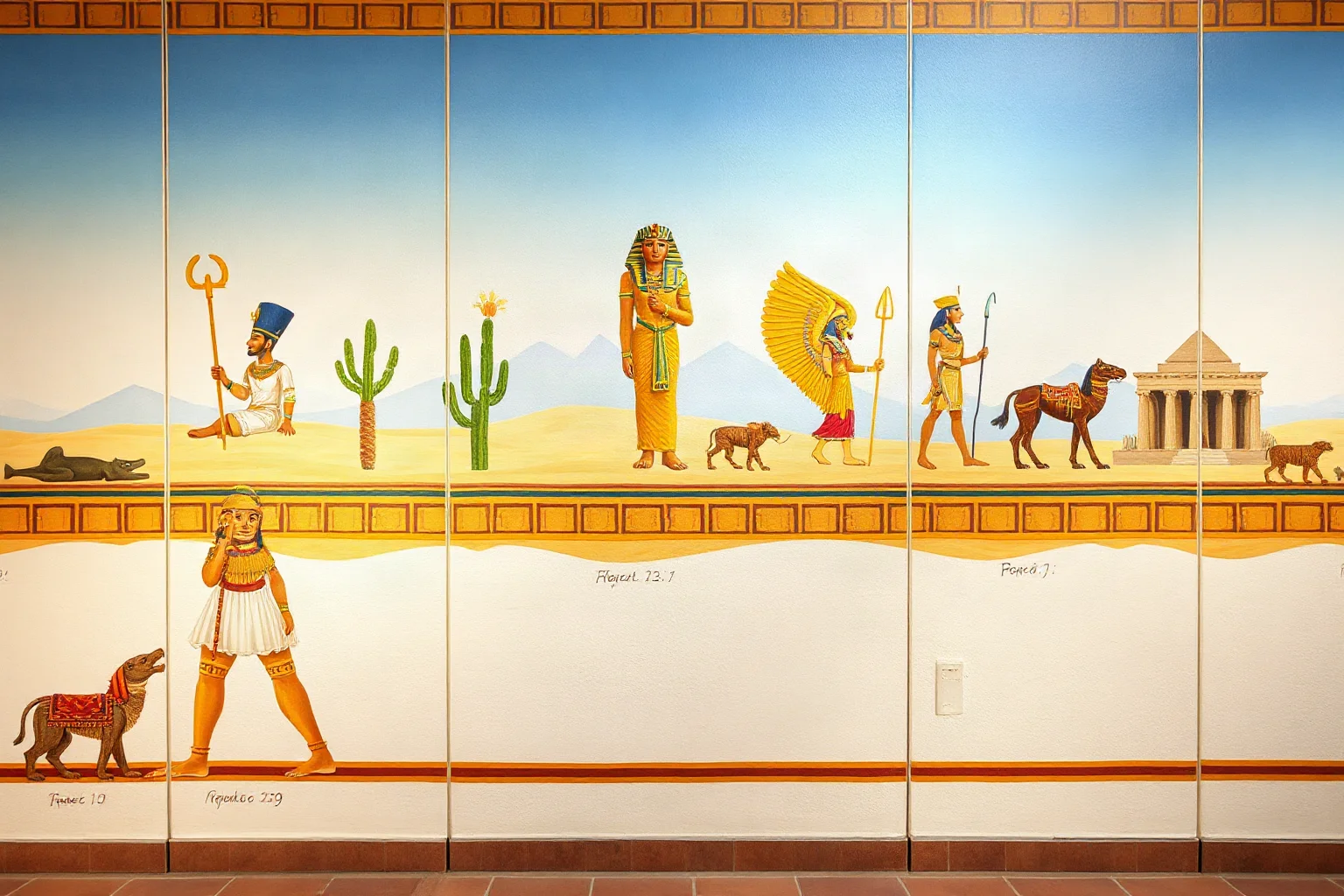 Illustration of a timeline mural depicting different eras of ancient Egyptian dynasties