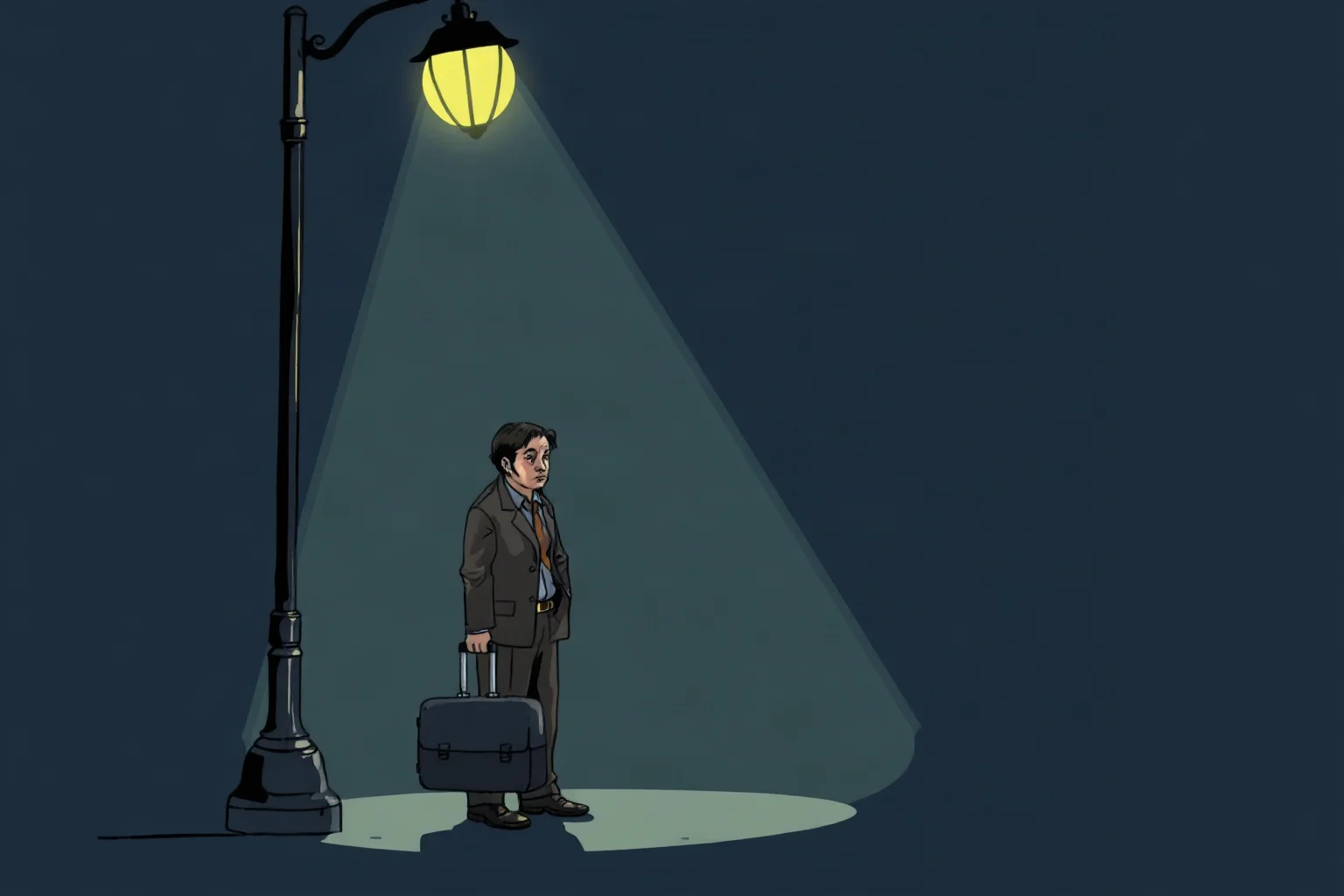Illustration of a tired traveling salesman with a suitcase standing under a dim streetlamp, evoking Death of a Salesman