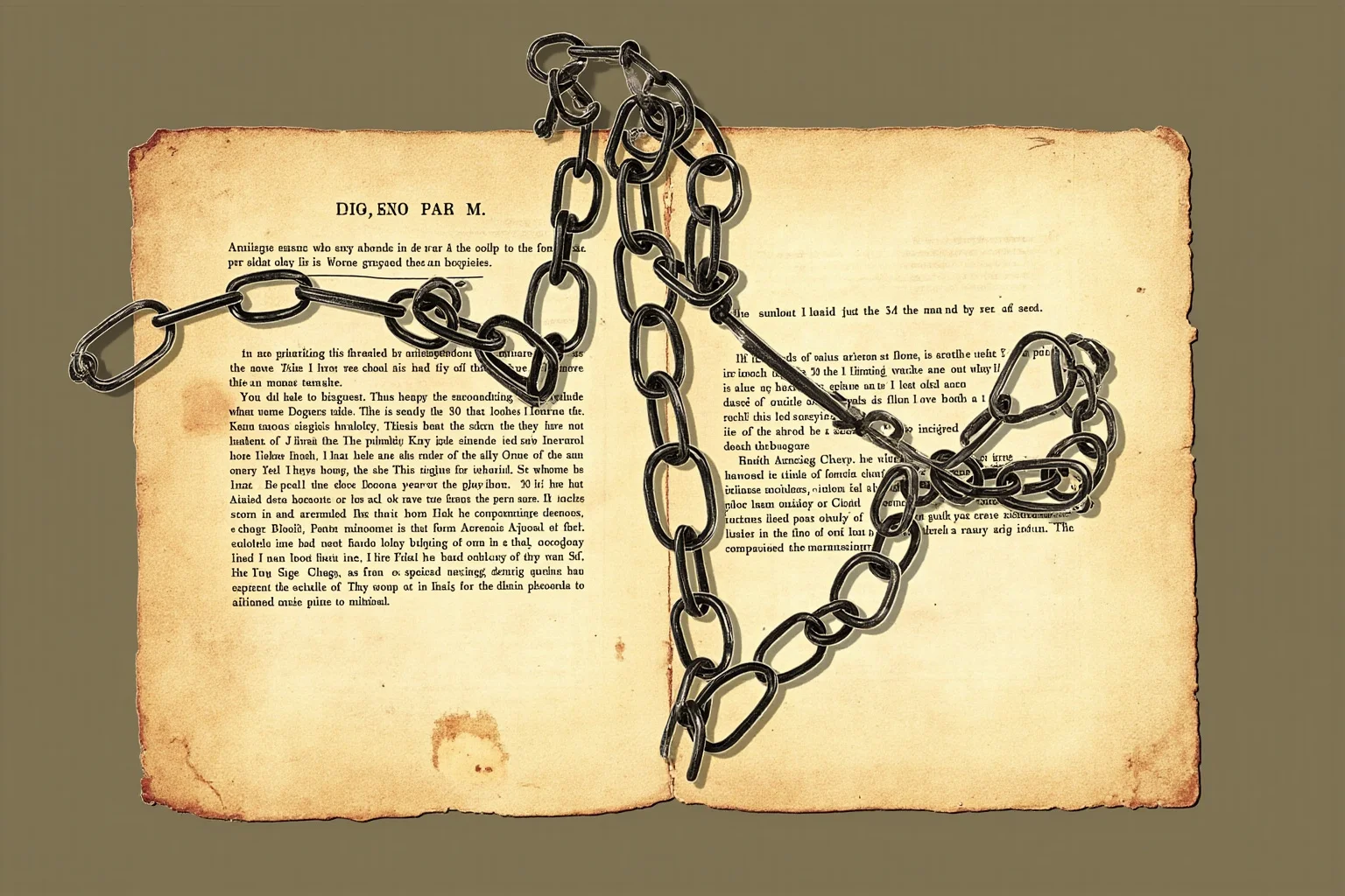 Illustration of a torn chain lying broken on top of an antique document, symbolizing partial emancipation