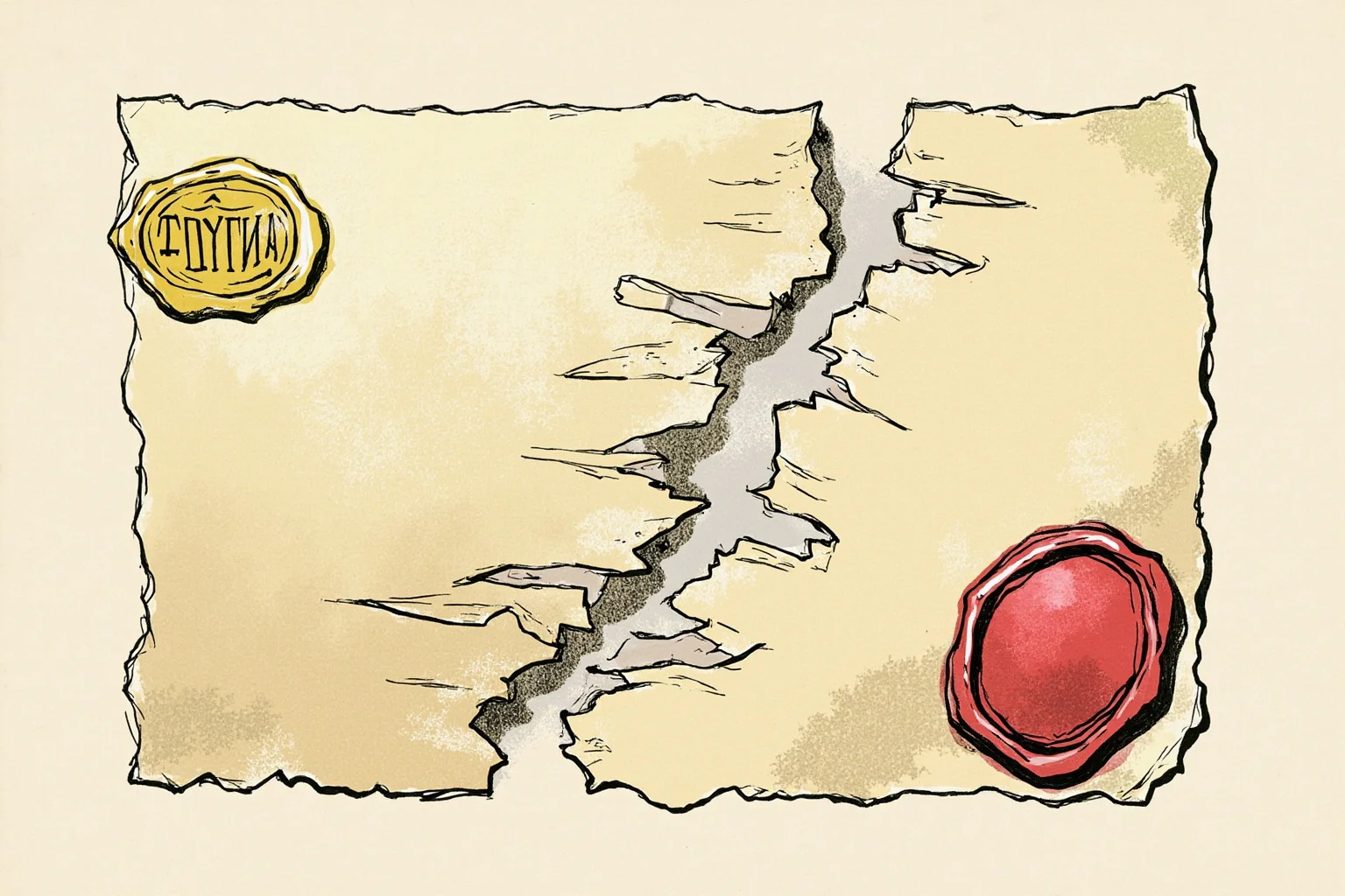 Illustration of a torn treaty document with Russian and German-style seals, symbolizing a broken short-lived agreement