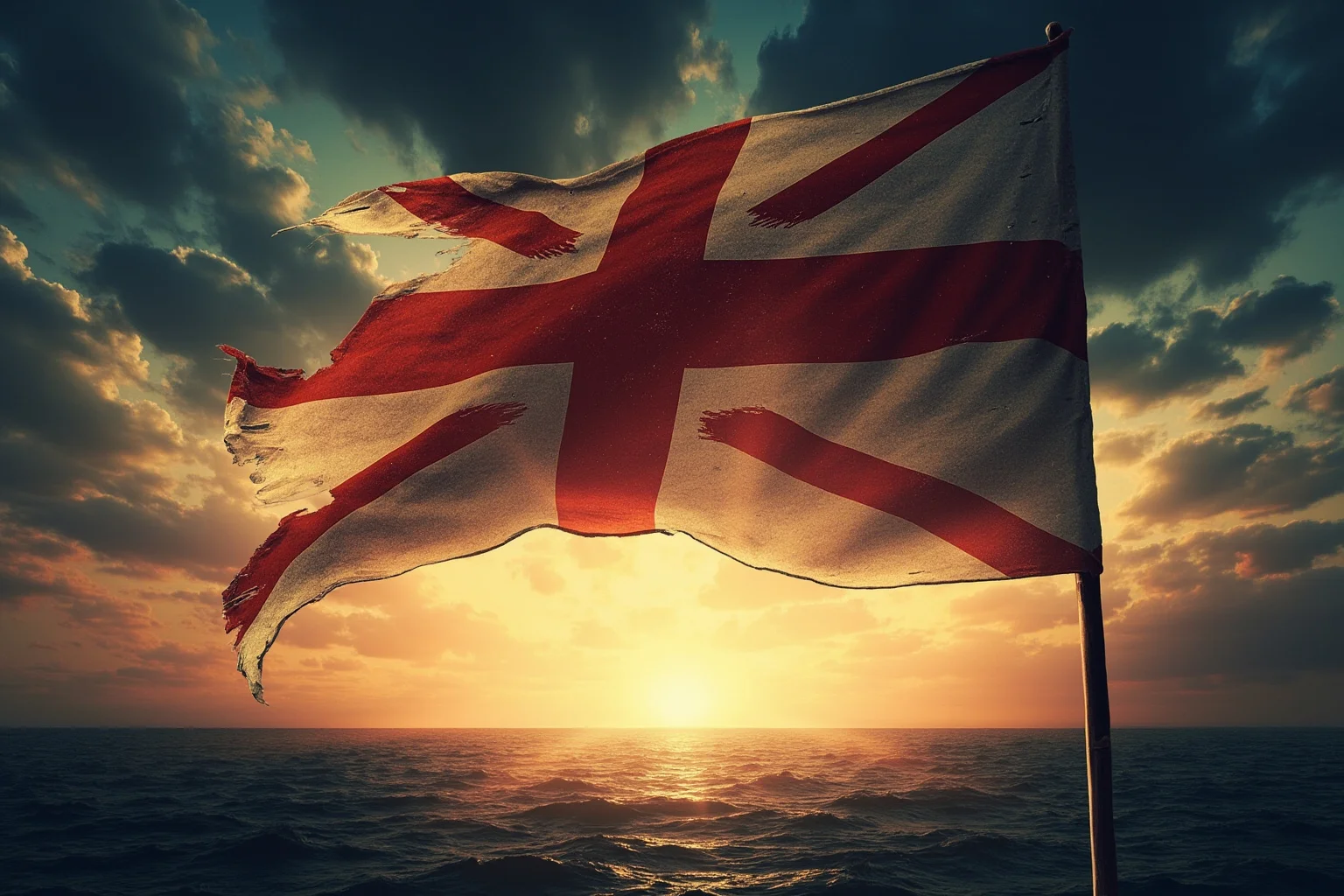 Illustration of a torn, weathered flag waving against a stormy dawn sky, evoking the War of 1812 era