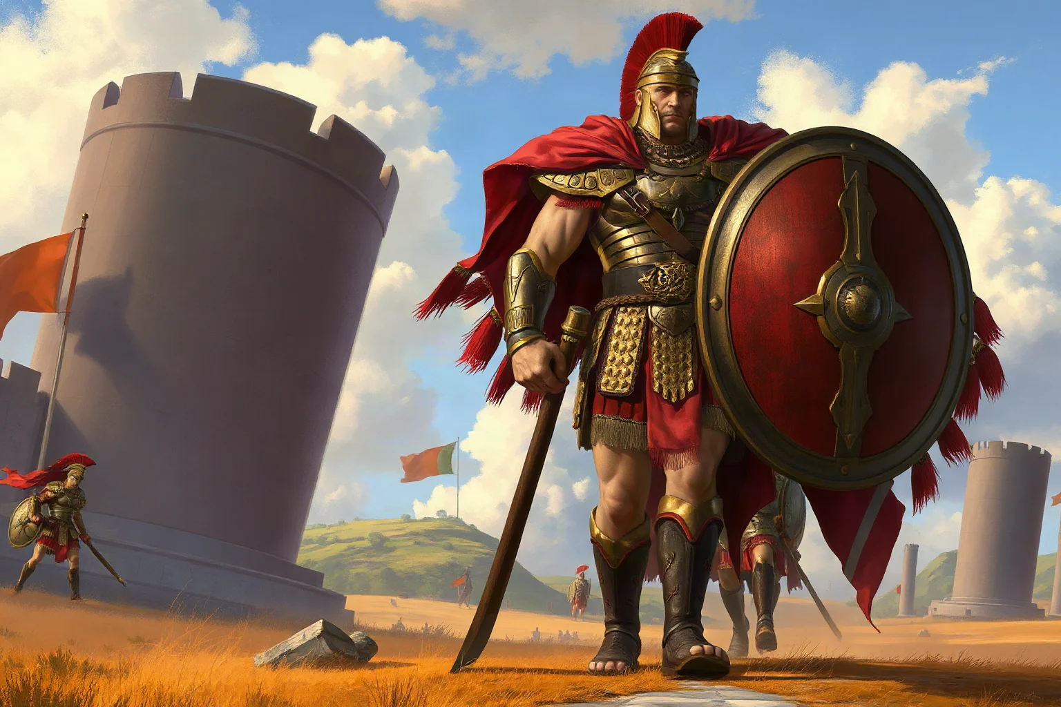 Illustration of a towering armored ancient Greek warrior holding a massive shield on a battlefield