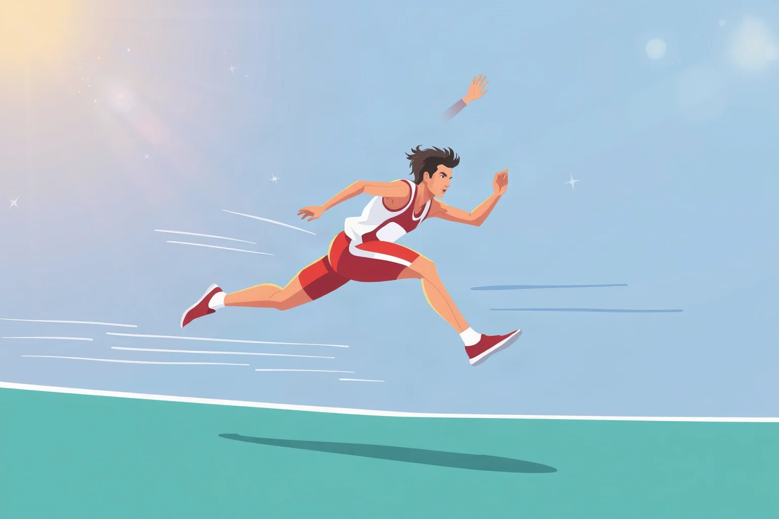 Illustration of a track and field athlete leaping in a long jump, dynamic motion lines