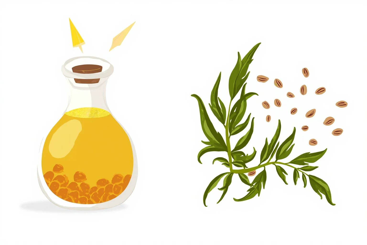 Illustration of a traditional oil bottle and herbal ingredients used for ancient hair and scalp massage