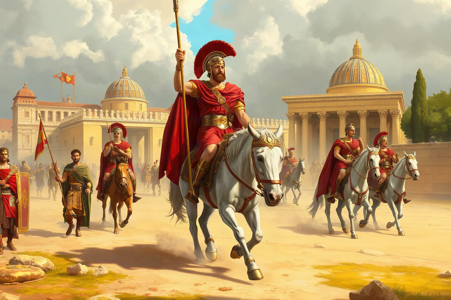 Illustration of a triumphant Roman general on horseback leading a victory parade through an ancient city