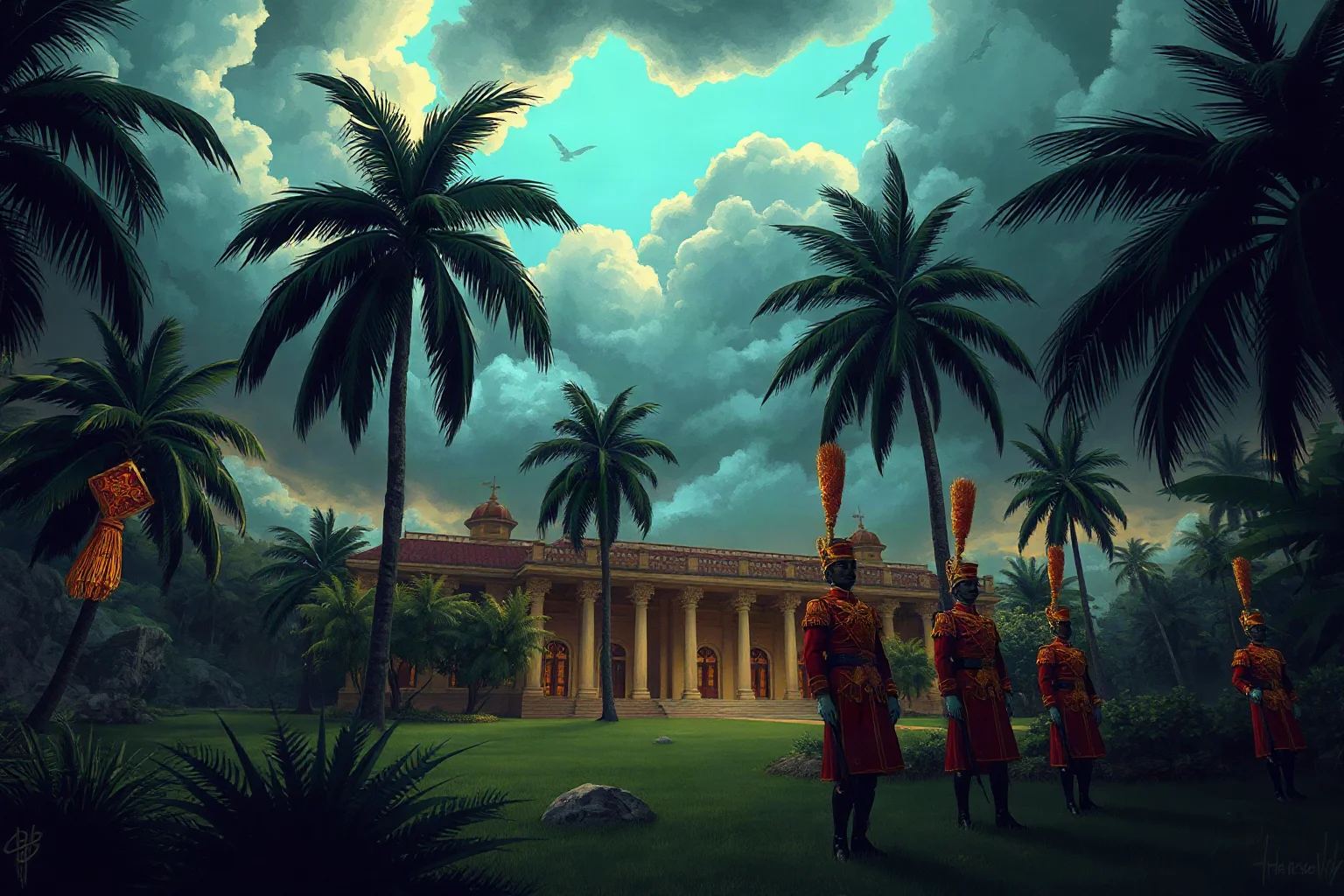 Illustration of a tropical African palace with military guards in ornate uniforms, dramatic stormy sky