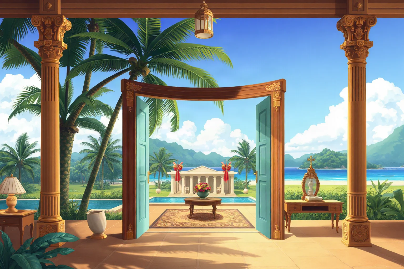 Illustration of a tropical presidential palace with lavish furnishings visible through open doors