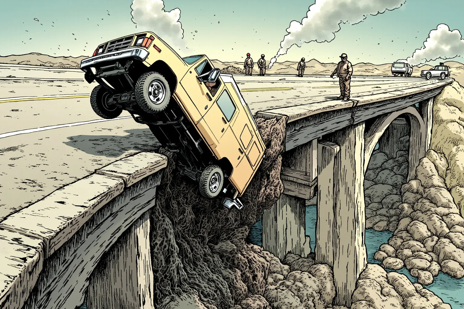 Illustration of a truck dangling off the edge of a collapsed highway bridge as rescuers reach toward the cab, dramatic angle