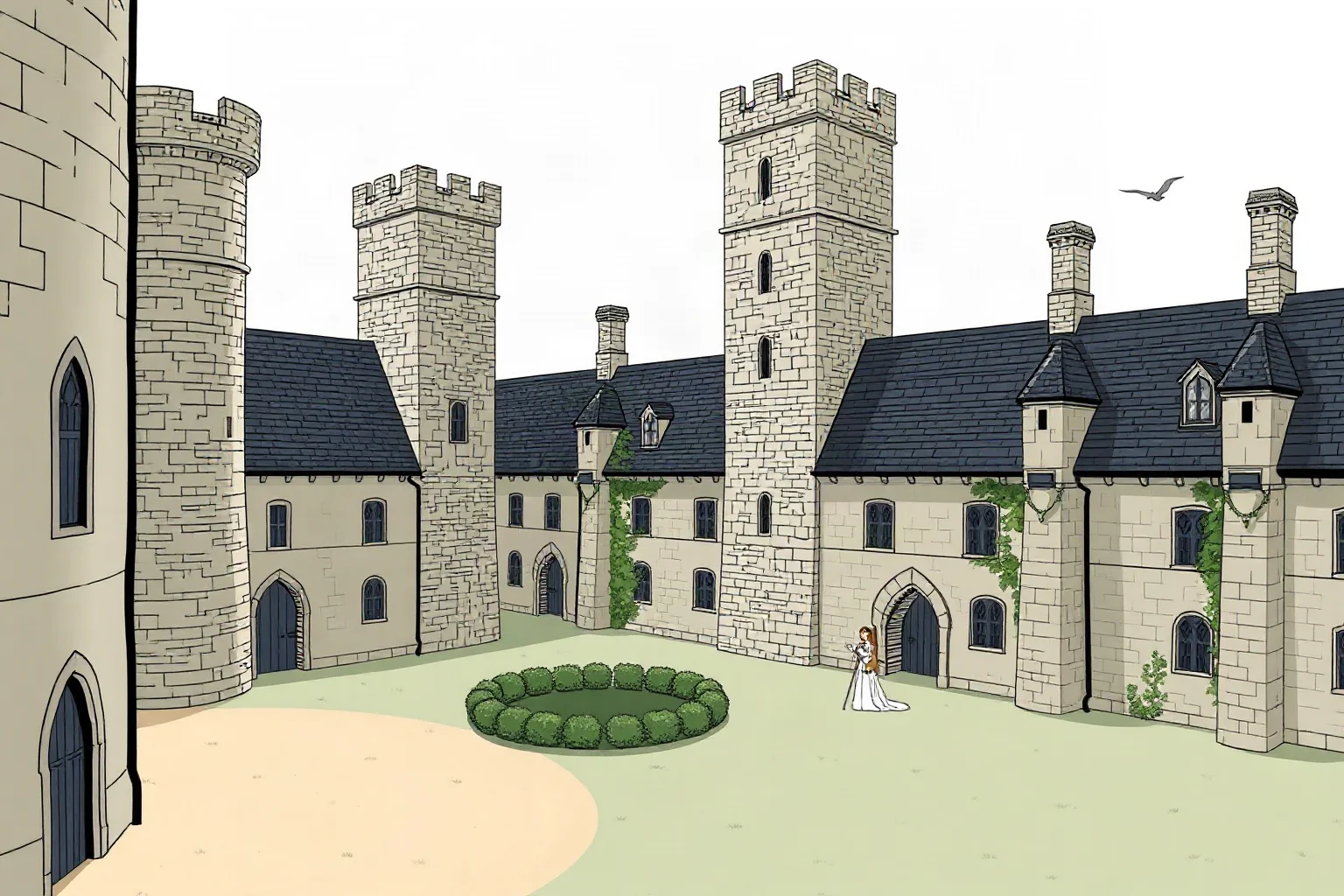 Illustration of a Tudor-era English castle courtyard with grey stone towers