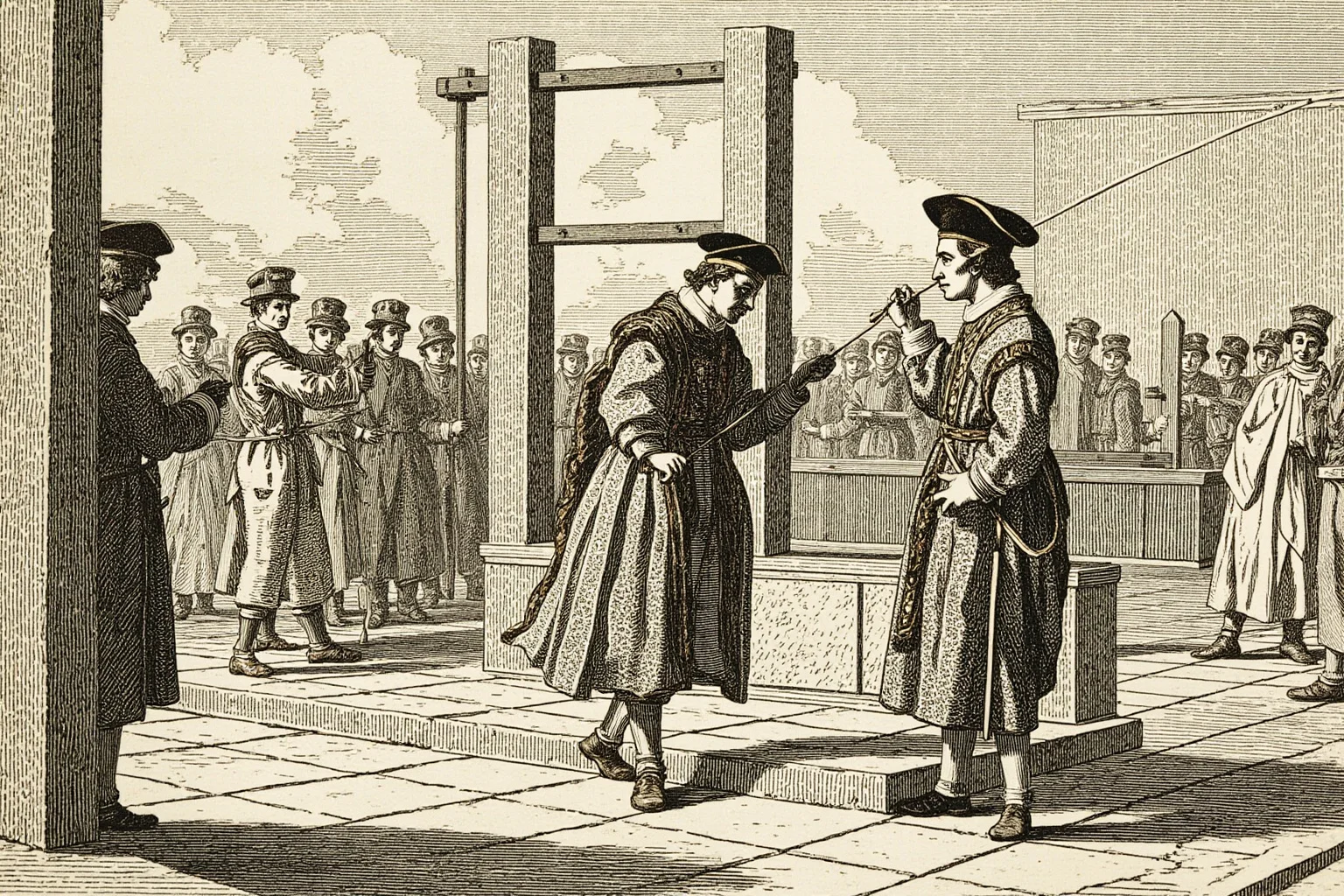 24 Historical Figures Who Became Martyrs for Their Cause 8 Illustration of a Tudor-era statesman in formal robes led to an execution block in an English courtyard