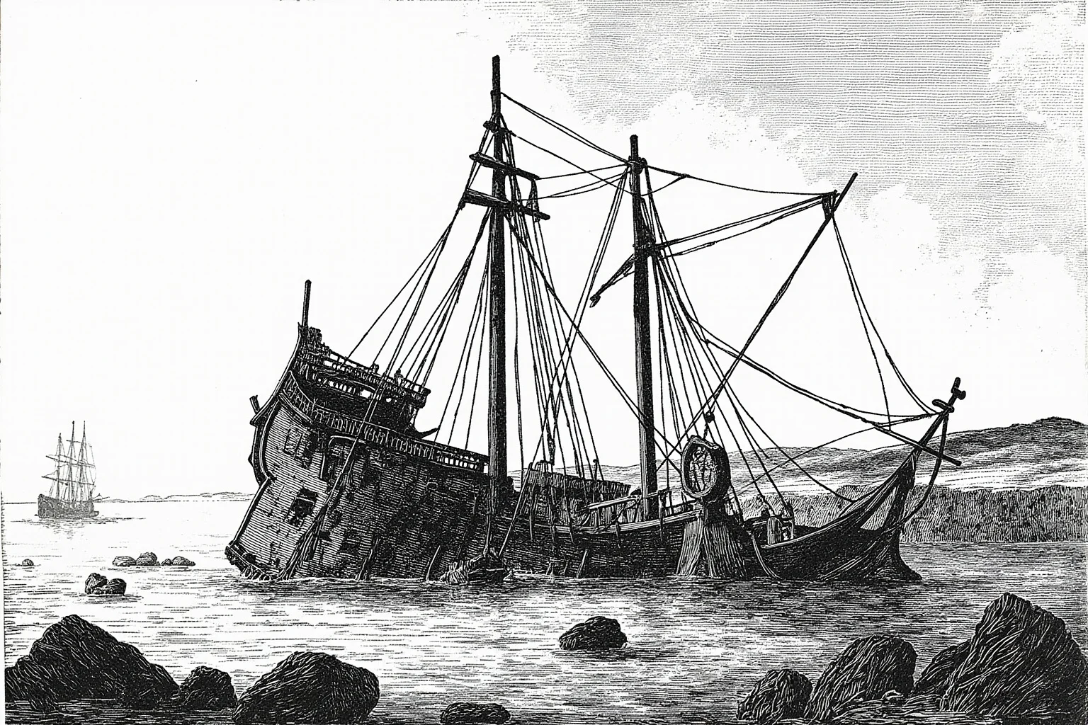 Lost At Sea: 20 Most Famous Shipwrecks in History 5 Illustration of a Tudor-era wooden warship with tall masts tilting and sinking near a rocky English shoreline
