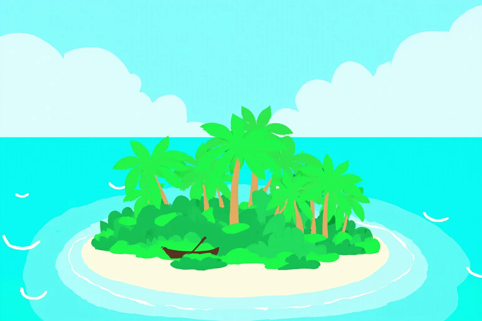 Illustration of a turquoise Pacific atoll with palm trees and a small fishing canoe