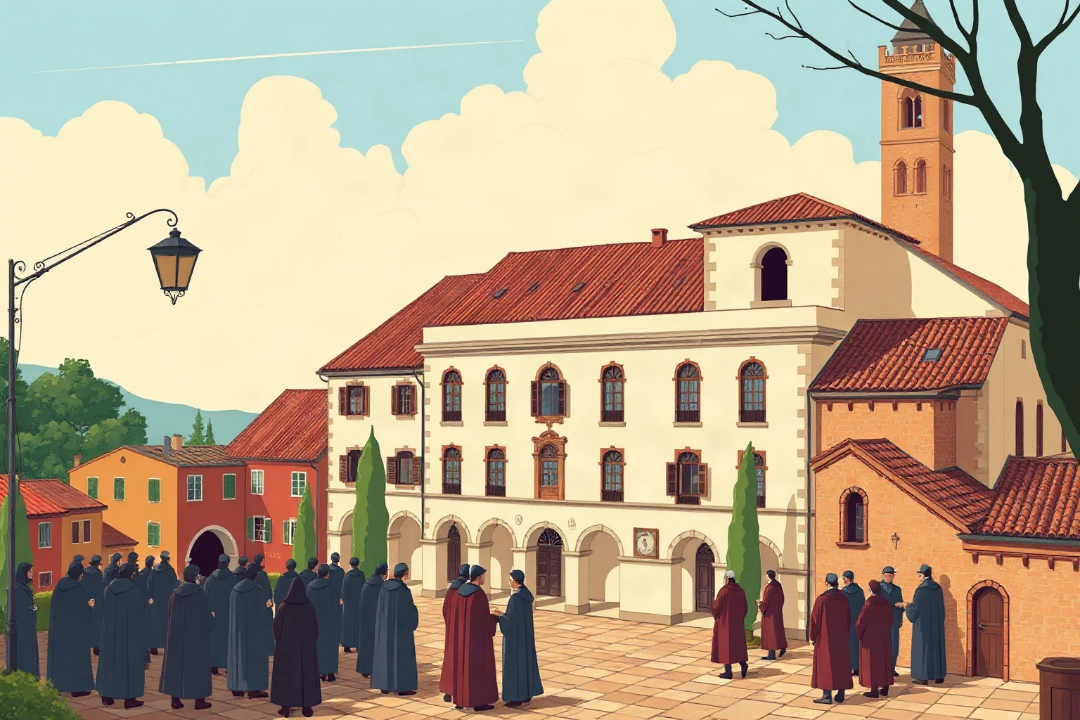Illustration of a Tuscan hill-town university building in Siena with red terracotta rooftops and robed scholars in a piazza