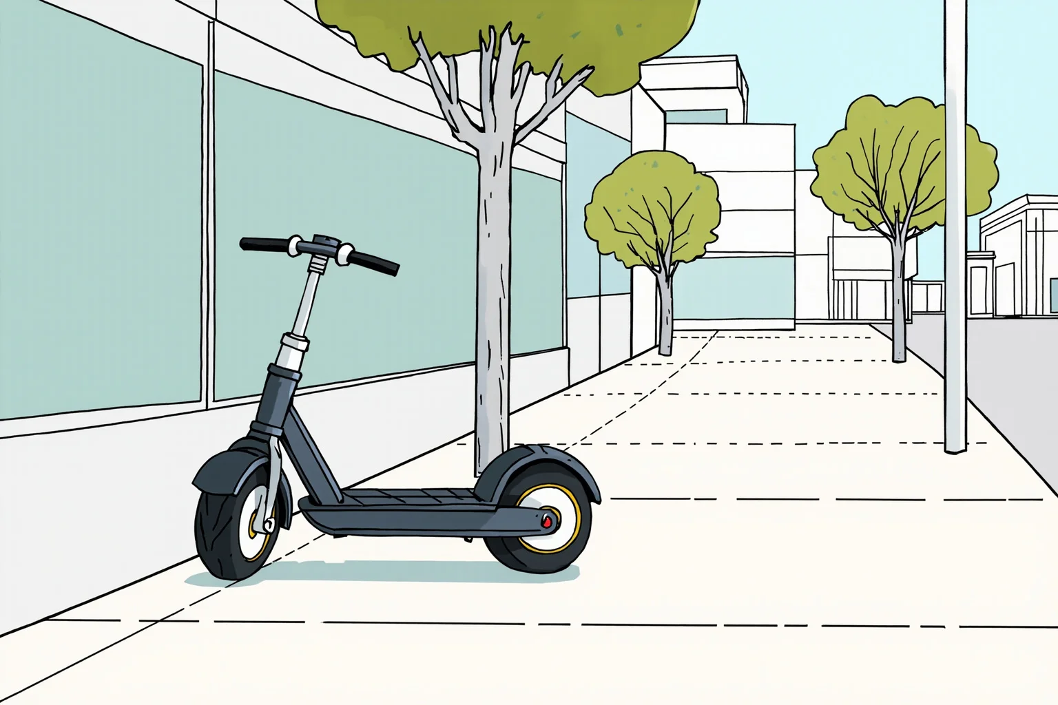 The Worst Inventions of All Time, Ranked 19 Illustration of a two-wheeled self-balancing scooter parked on an empty sidewalk, early 2000s style