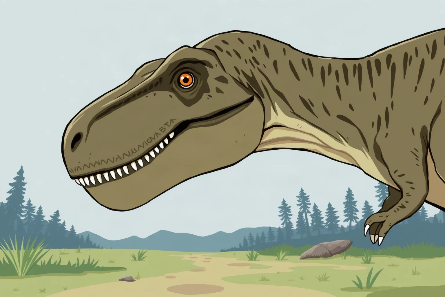 Illustration of a Tyrannosaurus rex head in profile emphasizing large nostrils and keen eyes scanning a landscape