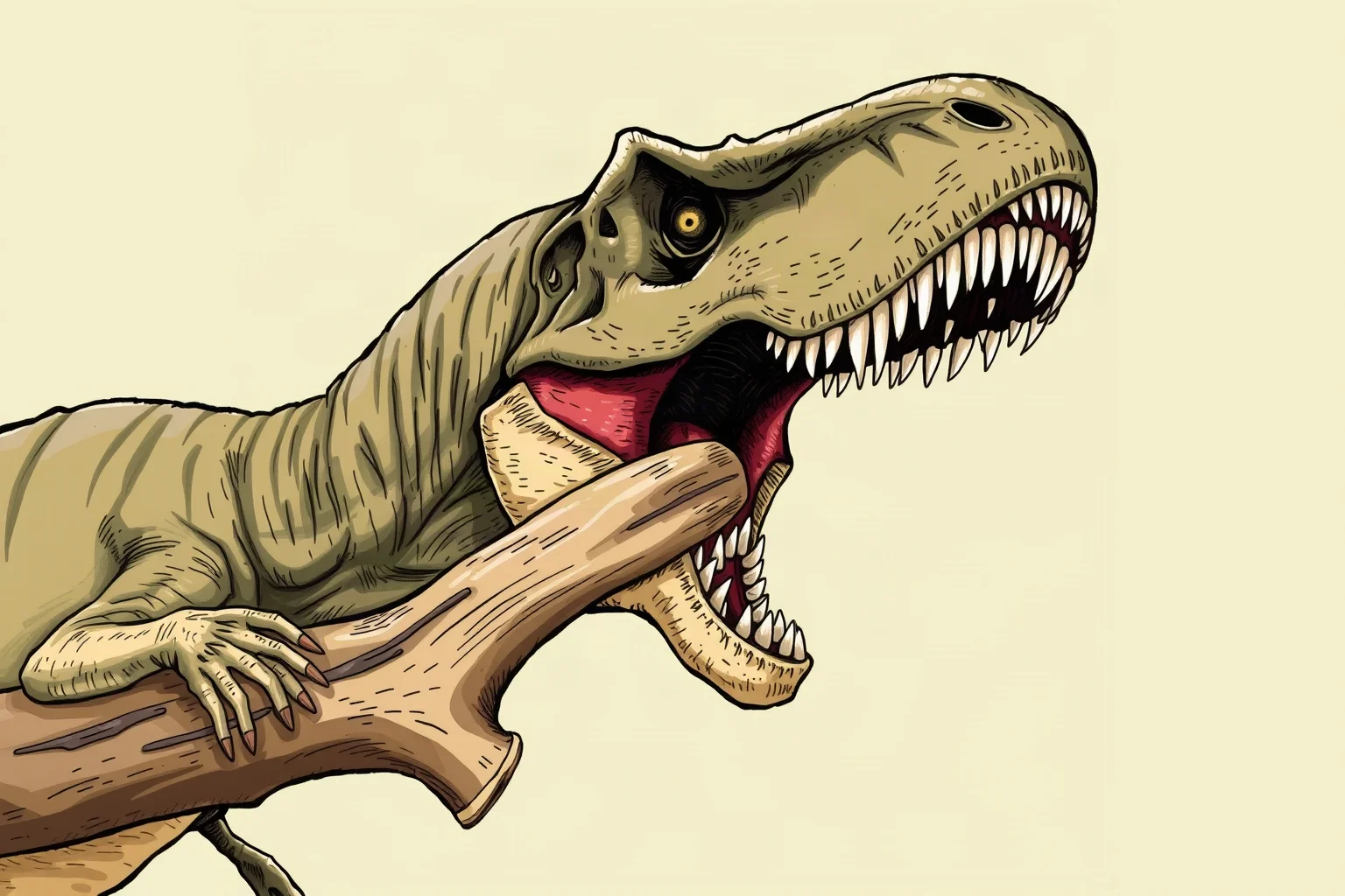 Illustration of a Tyrannosaurus rex jaw clamping down with visible force on a large dinosaur bone