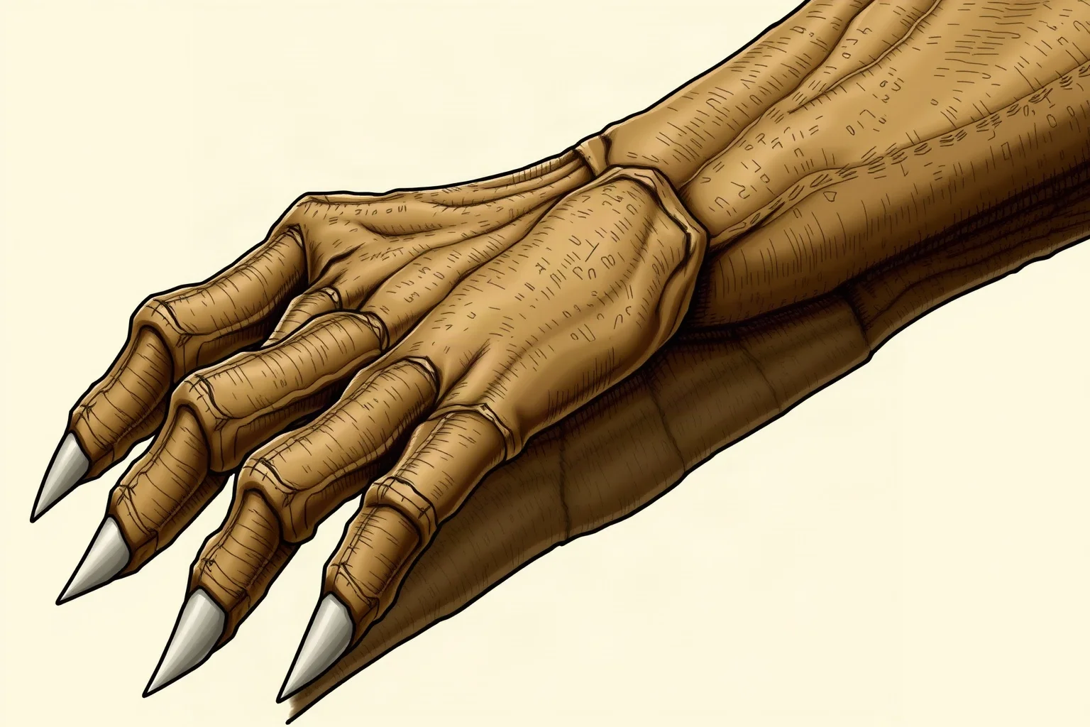 Illustration of a Tyrannosaurus rex's short forearm and clawed two-fingered hand in detail
