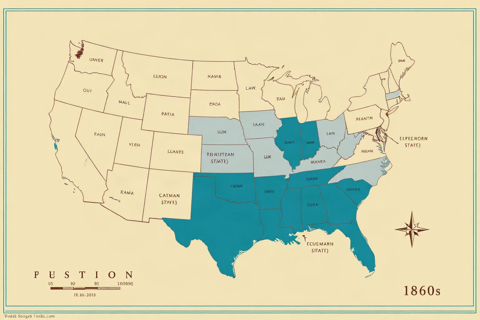 Illustration of a United States map from the 1860s highlighting Union states and border states in contrasting shades of blue