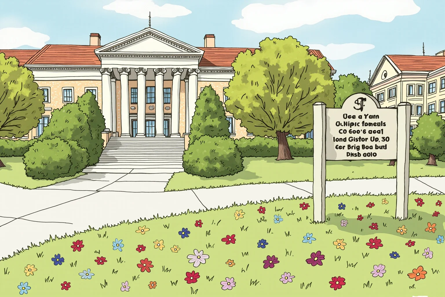 Illustration of a university campus with a memorial plaque and scattered flowers