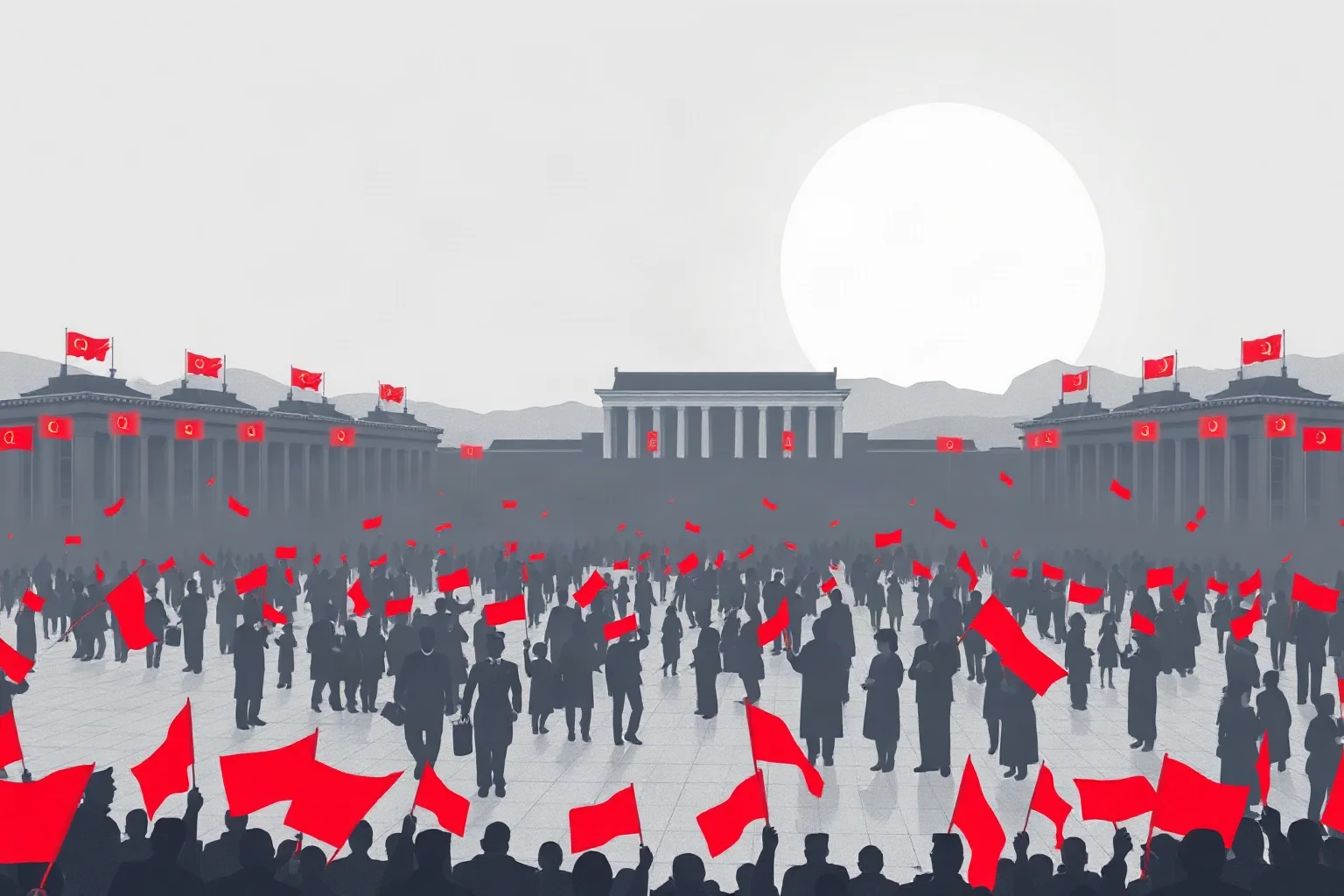 Illustration of a vast communist-era public square filled with silhouetted crowds holding red flags, monochrome tones