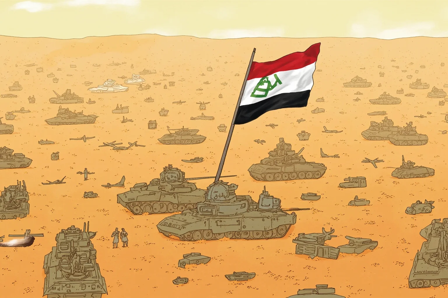 Illustration of a vast desert military encampment with tanks and aircraft assembling under a coalition flag