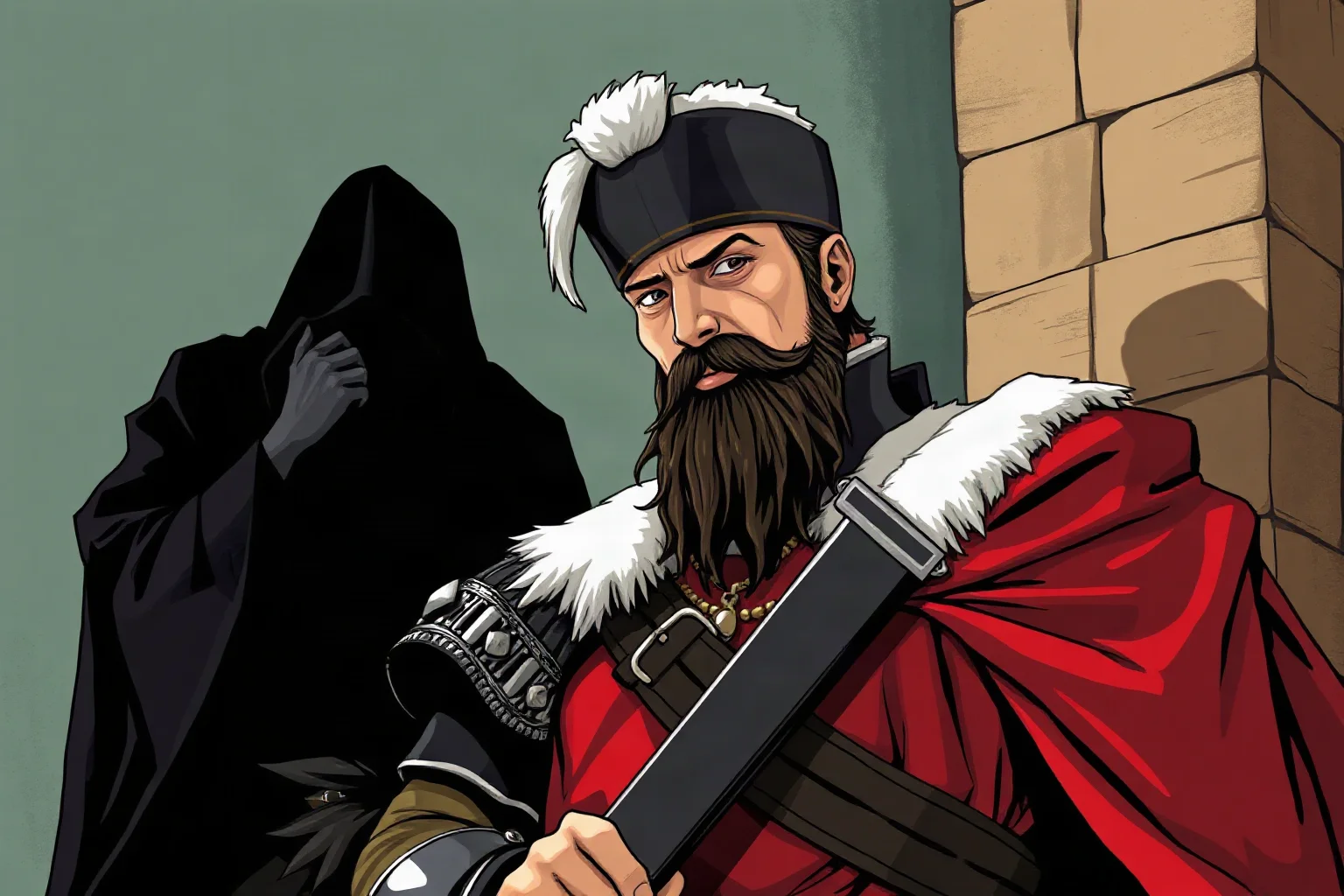 Illustration of a Venetian military figure and a shadowy whispering advisor, evoking Othello, stylized artwork