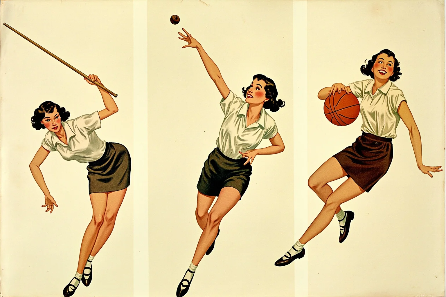 Female Athletes In History Who Changed The Game 7 Illustration of a versatile 1930s female athlete transitioning between javelin throw, golf swing, and basketball dribble in a triptych style scene