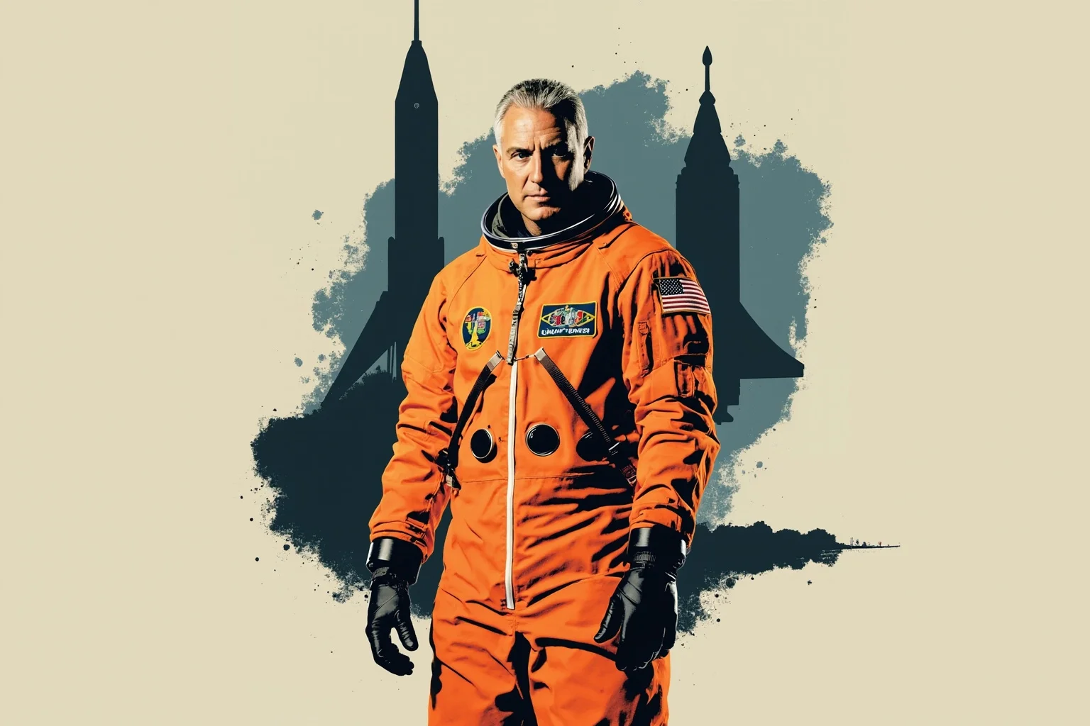 Illustration of a veteran astronaut in an orange flight suit standing proudly in front of three different spacecraft silhouettes